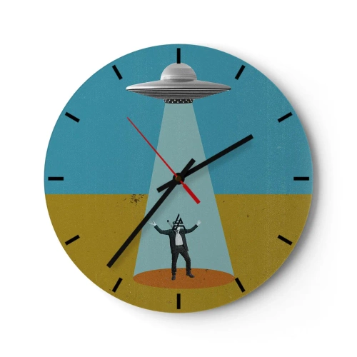Zegar ścienny - Człowiek oświetlony promieniem spod UFO na pustynnym tle - 30x30cm - Bliskie spotkanie - Nowoczesna dekoracja ścienna do salonu, kuchni i sypialni ARTTOR