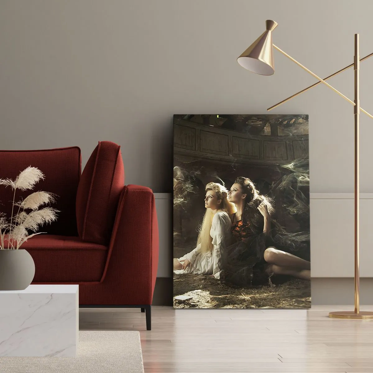 Obraz na płótnie - Dwie kobiety w magicznej scenerii z eterycznymi efektami świetlnymi - 80x120cm - I stała się poezja - Nowoczesna dekoracja ścienna do salonu i sypialni ARTTOR