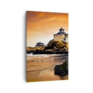 Obraz na płótnie - Dom na skale przy plaży o zachodzie słońca z odbiciem w wodzie - 80x120cm - Elegancja zachodniego wybrzeża - Nowoczesna dekoracja ścienna do salonu i sypialni ARTTOR