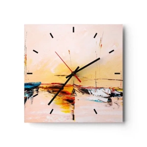 Zegar ścienny - Kolorowe łódki na spokojnej wodzie o zachodzie słońca - 30x30cm - Wieczór w przystani - Nowoczesna dekoracja ścienna do salonu i sypialni ARTTOR