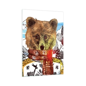 Obraz na szkle - Niedźwiedź w swetrze i szaliku na tle górskiego domu - 70x100cm - Chatka niedźwiadka - Nowoczesna dekoracja ścienna do salonu i sypialni ARTTOR