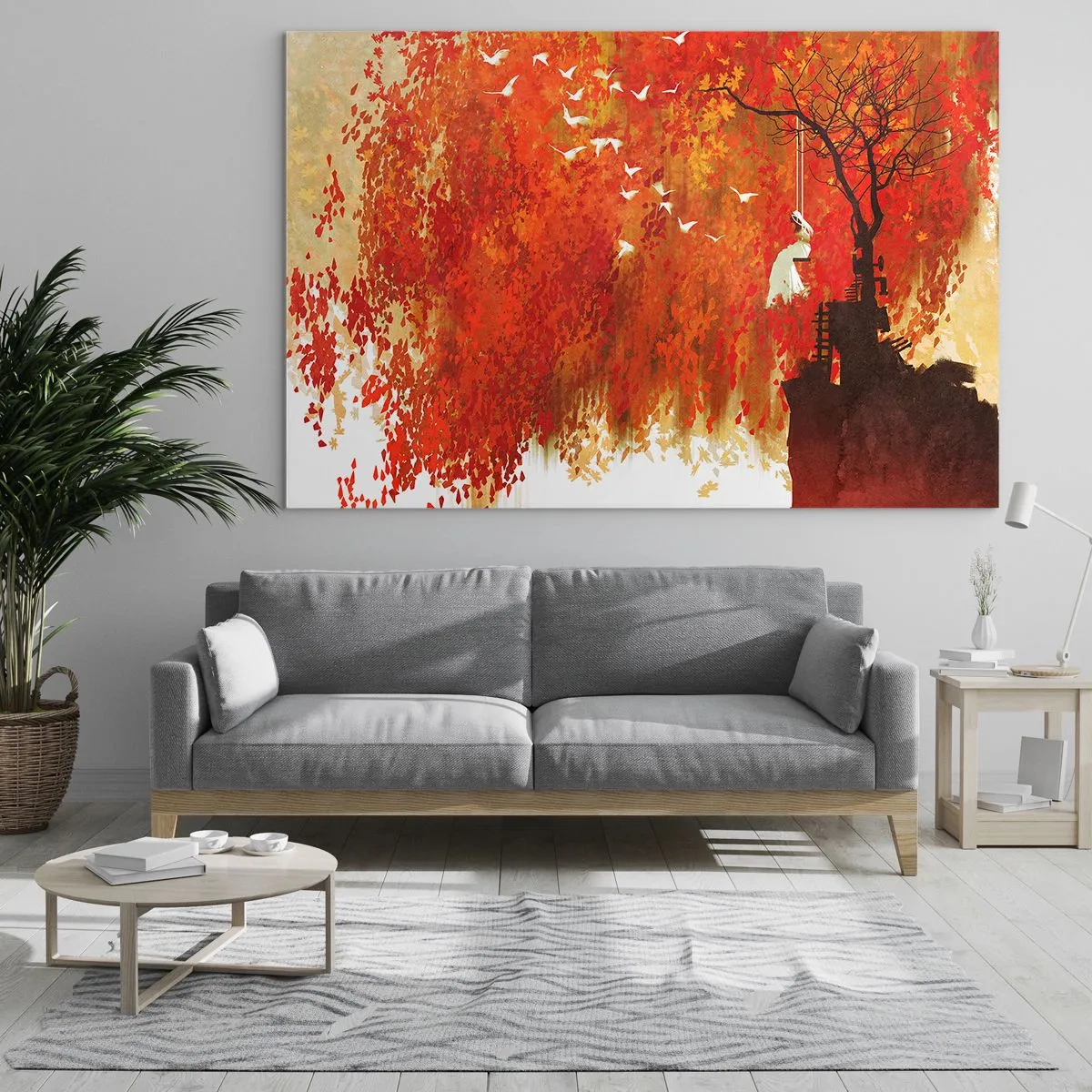 Obraz na szkle - Czerwone liście, samotne drzewo i ptaki na tle jesiennej sceny - 70x50cm - Poleci z nimi? - Nowoczesna dekoracja ścienna do salonu i sypialni ARTTOR