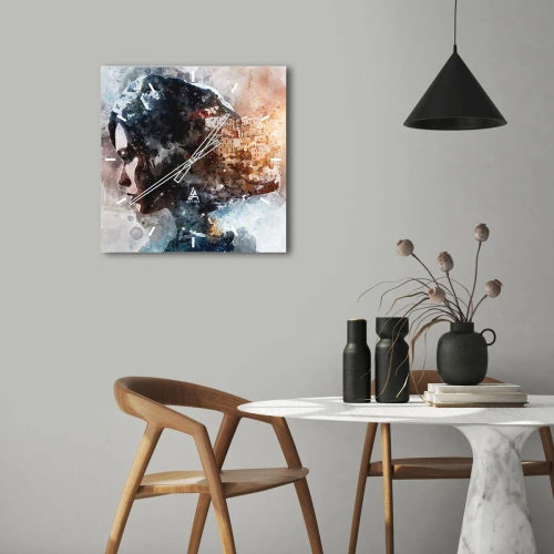 Zegar ścienny - Portret kobiety łączący twarz z miejskim krajobrazem w tle - 30x30cm - Opowieść o dziewczynie z miastem w tle - Nowoczesna dekoracja ścienna do salonu i sypialni ARTTOR