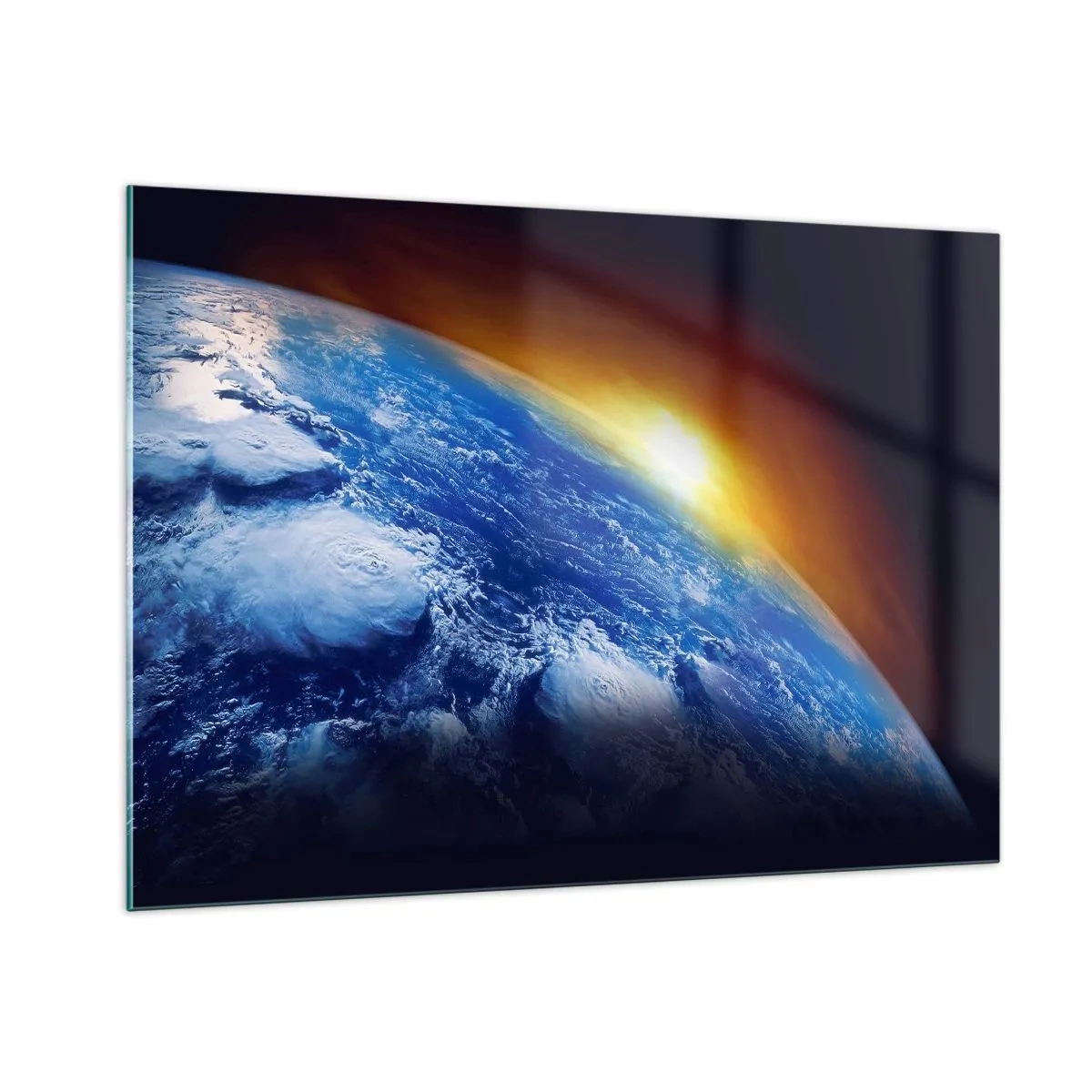 Obraz na szkle - Ziemia w kosmosie oświetlona promieniami słońca - 100x70cm - Wschód słońca nad błękitną planetą - Nowoczesna dekoracja ścienna do salonu, kuchni i sypialni ARTTOR