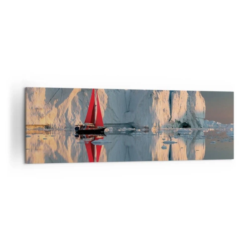 Obraz na płótnie - Żaglówka z czerwonym żaglem na tle lodowca - 160x50cm - Na krańcu świata - Nowoczesna dekoracja ścienna do salonu i sypialni ARTTOR