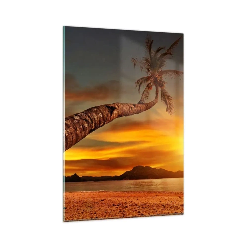 Obraz na szkle - Palma na plaży o zachodzie słońca z widokiem na morze - 80x120cm - Egzotyczne wakacje, karaibska przygoda - Nowoczesna dekoracja ścienna do salonu i sypialni ARTTOR