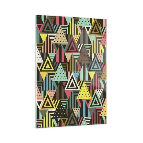 Obraz na szkle - Abstrakcyjna kompozycja z trójkątami w intensywnych kolorach - 50x70cm - W rytmie na trzy - Nowoczesna dekoracja ścienna do salonu, kuchni i sypialni ARTTOR