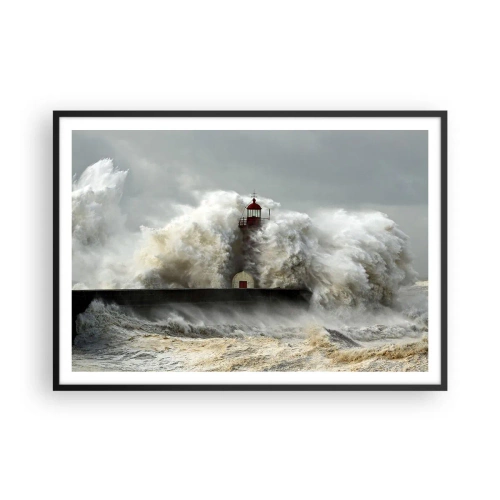 Plakat w czarnej ramie - Latarnia morska otoczona wzburzonymi falami podczas sztormu - 100x70cm - Gniew oceanu - Nowoczesna dekoracja ścienna do salonu i sypialni ARTTOR