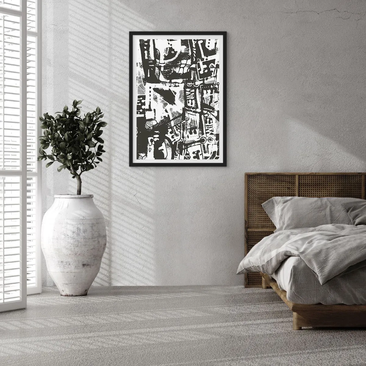 Plakat w czarnej ramie - Czarno-biała abstrakcyjna grafika o geometrycznych kształtach - 50x70cm - Porządek czy chaos? - Nowoczesna dekoracja ścienna do salonu i sypialni ARTTOR