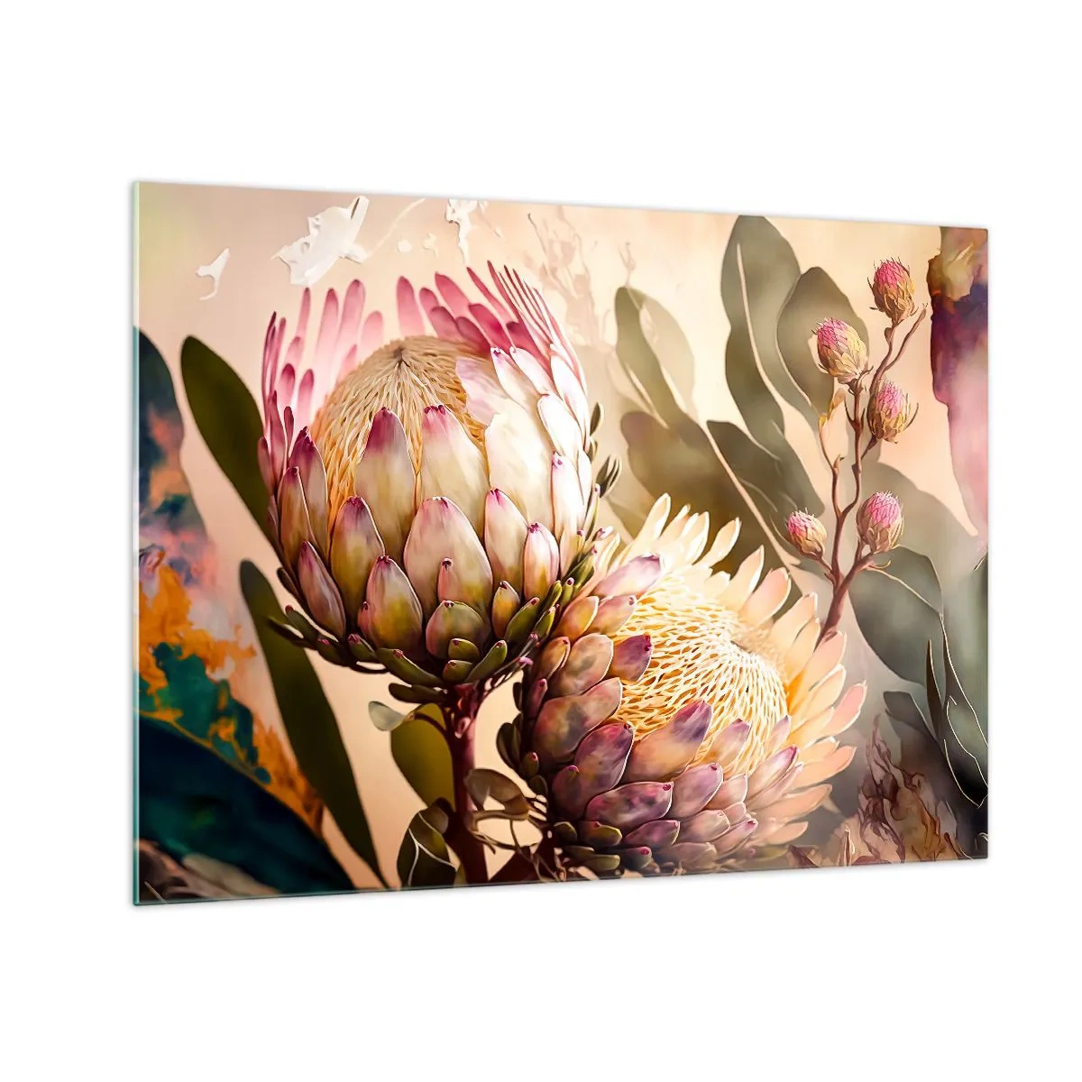 Obraz na szkle - Kwiaty protei w ciepłej tonacji i miękkim świetle - 70x50cm - Czule objęte - Nowoczesna dekoracja ścienna do salonu i sypialni ARTTOR