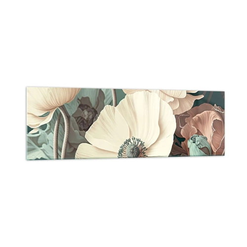 Obraz na szkle - Eleganckie kwiaty w pastelowych odcieniach na zielonym tle - 160x50cm - Szept maków - Nowoczesna dekoracja ścienna do salonu i sypialni ARTTOR
