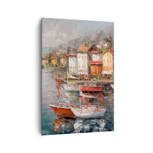 Obraz na płótnie - Nadmorska sceneria z łodziami i kolorowymi domami - 70x100cm - Romantyczna przystań - Nowoczesna dekoracja ścienna do salonu i sypialni ARTTOR
