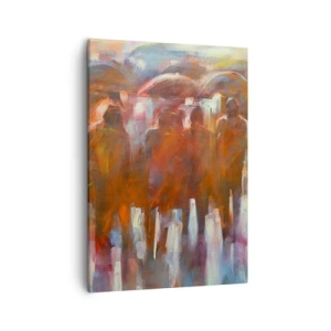 Obraz na płótnie - Sylwetki ludzi z parasolami w deszczu - 50x70cm - Równi w deszczu i mgle - Nowoczesna dekoracja ścienna do salonu, kuchni i sypialni ARTTOR