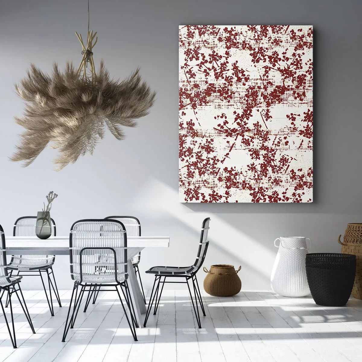 Obraz na płótnie - Abstrakcyjny wzór czerwonych gałązek na jasnym tle - 50x70cm - Jak dawny perkalik - Nowoczesna dekoracja ścienna do salonu, kuchni i sypialni ARTTOR