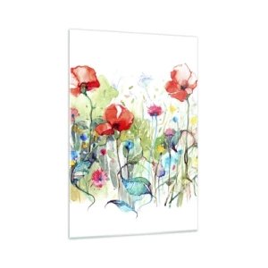 Obraz na szkle - Łąka z czerwonymi makami i kolorowymi kwiatami w akwareli - 70x100cm - Kwitnąca majem łąka - Nowoczesna dekoracja ścienna do salonu i sypialni ARTTOR