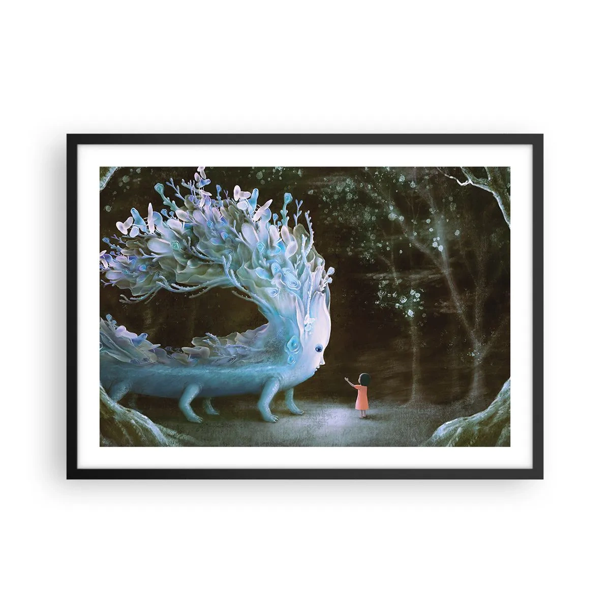 Plakat w czarnej ramie - Postać dziewczynki naprzeciw fantastycznego stworzenia - 70x50cm - Fantastyczne spotkanie - Nowoczesna dekoracja ścienna do salonu i sypialni ARTTOR