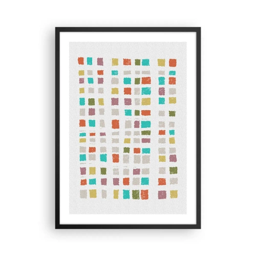 Plakat w czarnej ramie - Nieznana gra - Kolorowe geometryczne kwadraty na jasnym tle - 50x70cm