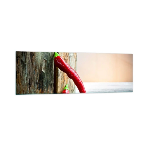 Obraz na szkle - Dwie czerwone papryczki chili na drewnianym tle z rustykalnym akcentem - 160x50cm - Red hot chili peppers - Nowoczesna dekoracja ścienna do salonu i sypialni ARTTOR