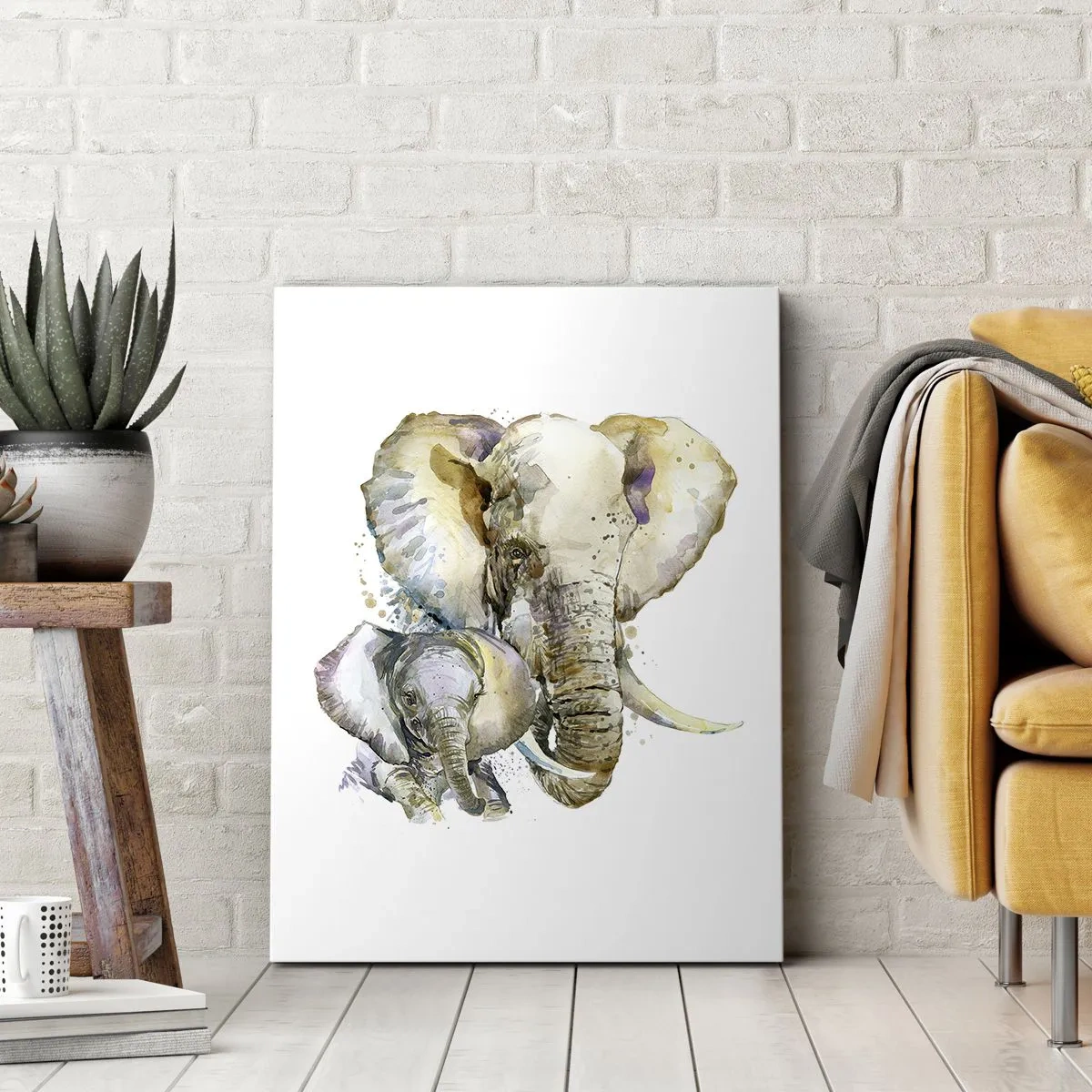 Obraz na płótnie - Akwarelowe słonie w delikatnych barwach - 50x70cm - Nie ma jak u mamy - Nowoczesna dekoracja ścienna do salonu, kuchni i sypialni ARTTOR