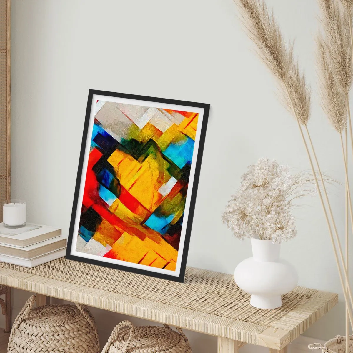 Plakat w czarnej ramie - Abstrakcyjne geometryczne formy w intensywnych kolorach - 50x70cm - Różnobarwny przekładaniec - Nowoczesna dekoracja ścienna do salonu i sypialni ARTTOR
