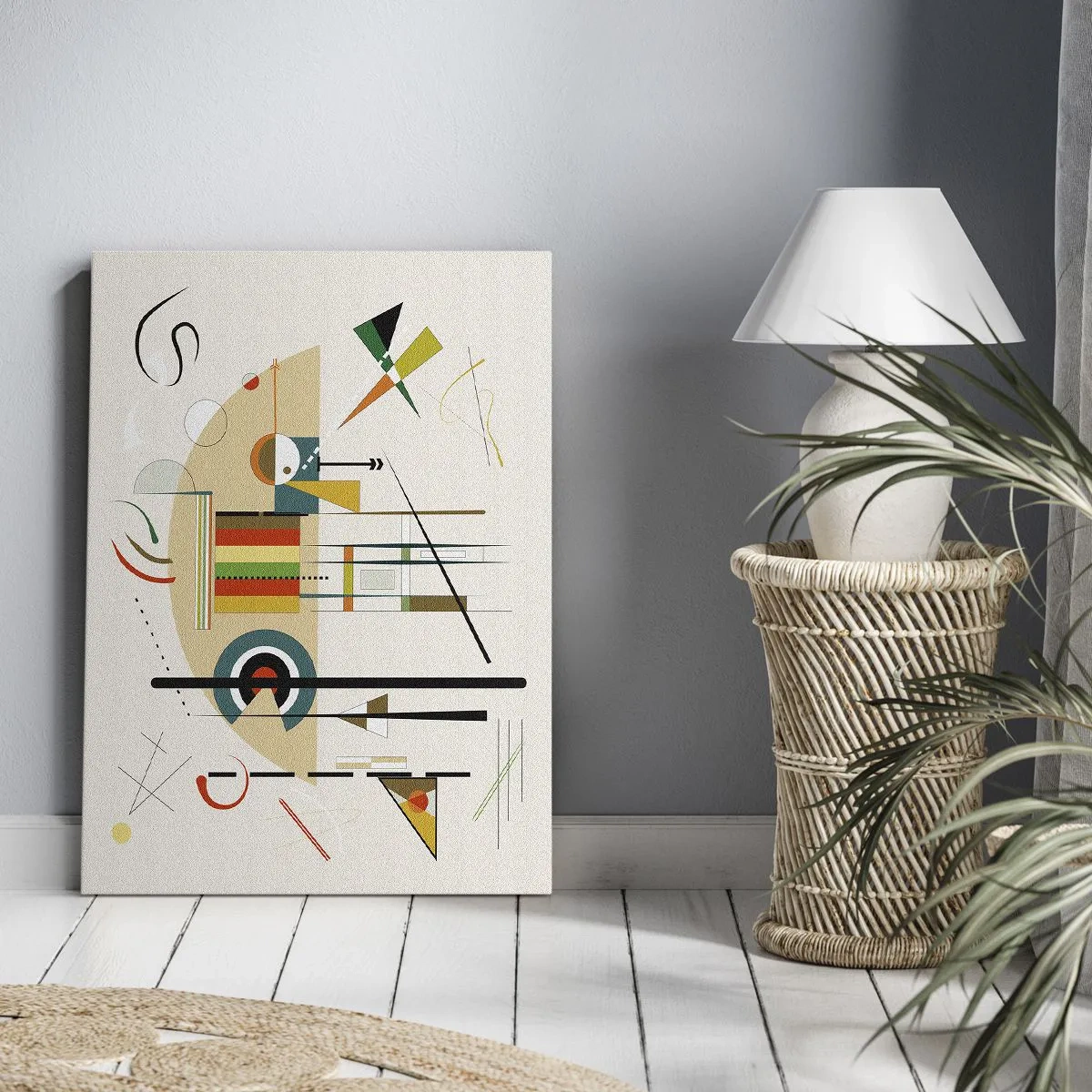 Obraz na płótnie - Nowoczesna abstrakcja geometryczna z kolorowymi kształtami i liniami - 50x70cm - I świat się śmieje - Nowoczesna dekoracja ścienna do salonu, kuchni i sypialni ARTTOR