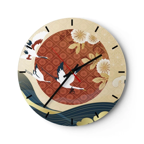Zegar ścienny - Japońskie żurawie na tle czerwonego koła i stylizowanych fal - 30x30cm - Japońska baśń - Nowoczesna dekoracja ścienna do salonu, kuchni i sypialni ARTTOR