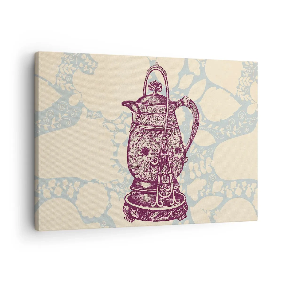 Obraz na płótnie - Stylizowany dzbanek z ornamentami na tle kwiatowym - 70x50cm - Uroda codzienności - Nowoczesna dekoracja ścienna do salonu i sypialni ARTTOR