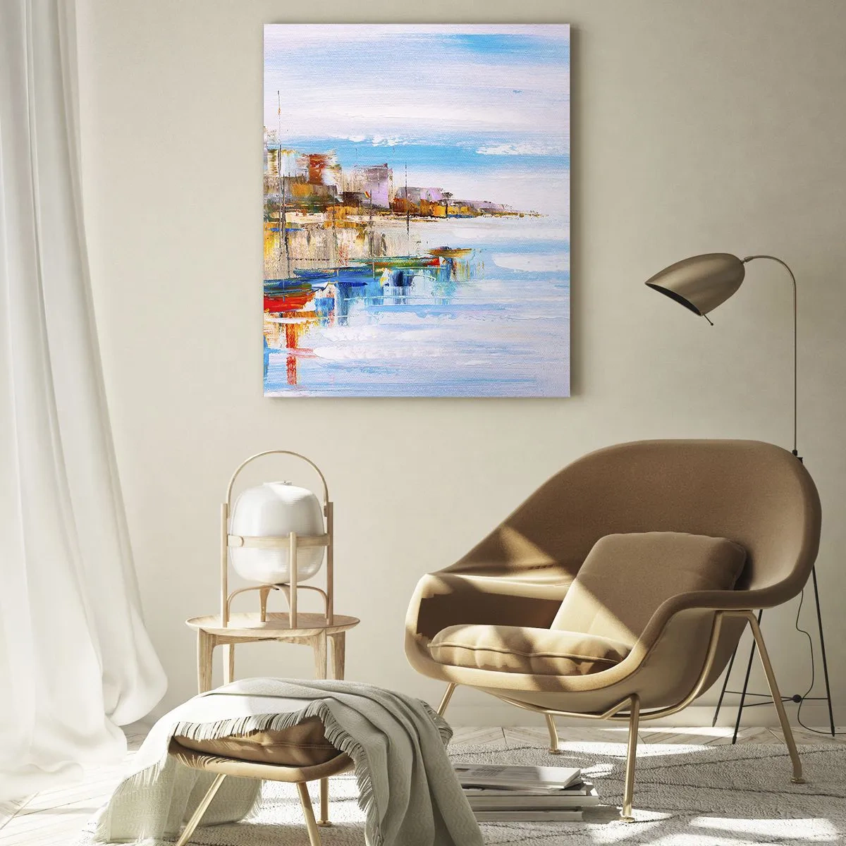 Obraz na szkle - Kolorowe łodzie cumujące przy miejskim nabrzeżu - 50x70cm - Wielobarwna miejska przystań - Nowoczesna dekoracja ścienna do salonu, kuchni i sypialni ARTTOR