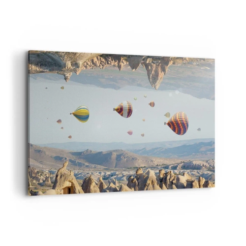Obraz na płótnie - Kolorowe balony nad skalnym krajobrazem - 120x80cm - Tu wszystko jest możliwe - Nowoczesna dekoracja ścienna do salonu, kuchni i sypialni ARTTOR