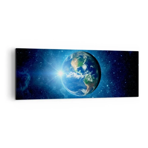 Obraz na płótnie - Ziemia w kosmosie otoczona gwiazdami i światłem - 140x50cm - Jesteśmy w niebie - Nowoczesna dekoracja ścienna do salonu i sypialni ARTTOR