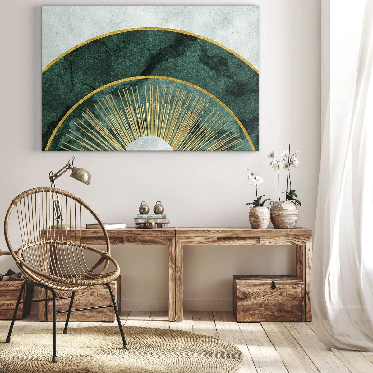 Obraz na płótnie - Abstrakcyjny wzór z okręgami w szmaragdowym i złotym kolorze - 70x50cm - Inny układ słoneczny - Nowoczesna dekoracja ścienna do salonu i sypialni ARTTOR