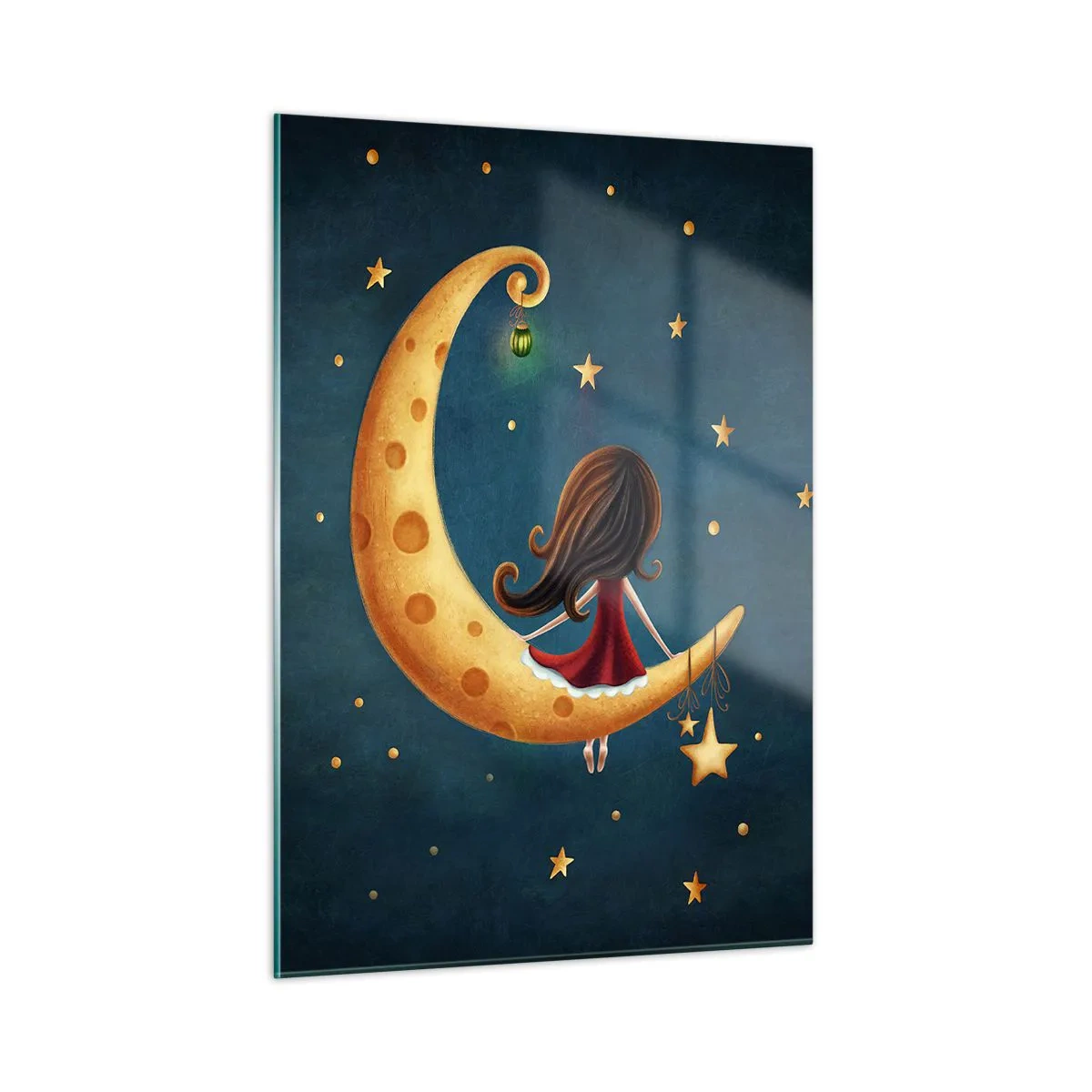 Obraz na szkle - Dziewczynka na księżycu wśród gwiazd na granatowym tle - 50x70cm - Pewnego razu… - Nowoczesna dekoracja ścienna do salonu, kuchni i sypialni ARTTOR