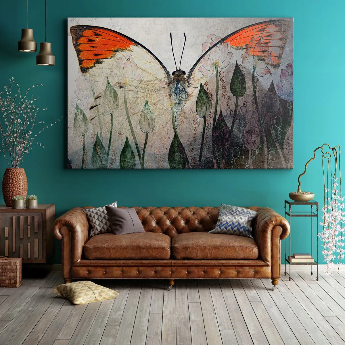 Obraz na płótnie - Motyl z pomarańczowymi skrzydłami na tle stylizowanych kwiatów - 70x50cm - "Kędy się motyl kołysa na trawie" - Nowoczesna dekoracja ścienna do salonu i sypialni ARTTOR