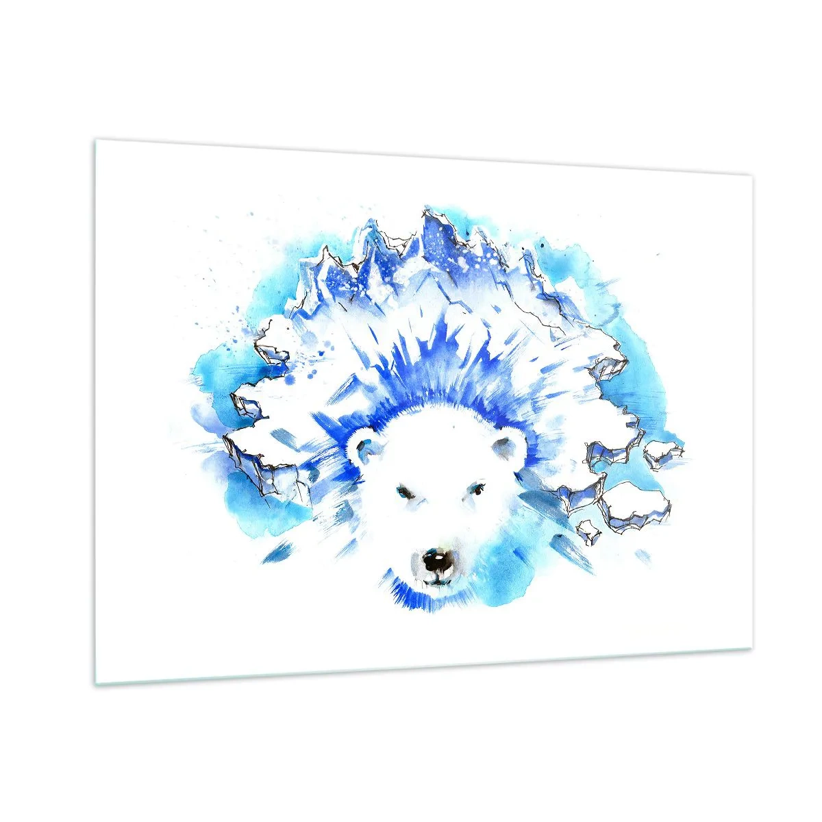 Obraz na szkle - Niedźwiedź polarny na tle lodowych gór w odcieniach błękitu - 100x70cm - Król Arktyki w lodowej koronie - Nowoczesna dekoracja ścienna do salonu, kuchni i sypialni ARTTOR