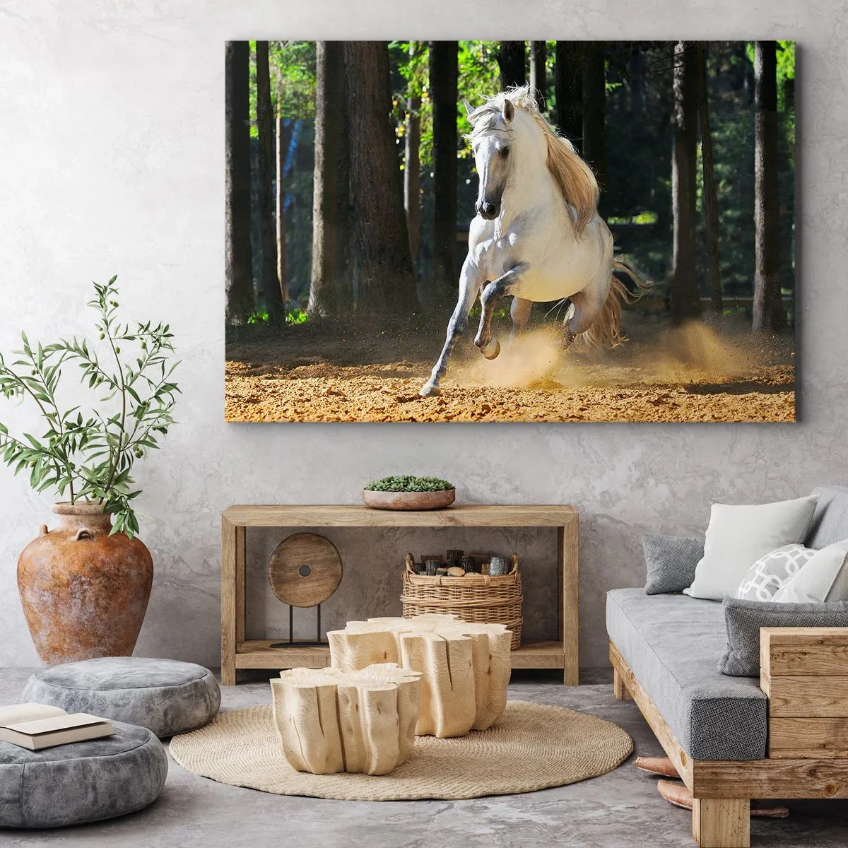 Obraz na płótnie - Biały koń galopujący po leśnej polanie - 100x70cm - Jak z powieści fantasy - Nowoczesna dekoracja ścienna do salonu, kuchni i sypialni ARTTOR