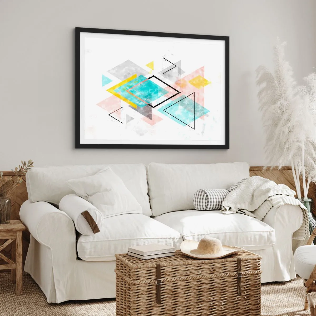 Plakat w czarnej ramie - Kolorowe geometryczne wzory na białym tle - 70x50cm - Igraszka geometryczna - Nowoczesna dekoracja ścienna do salonu i sypialni ARTTOR