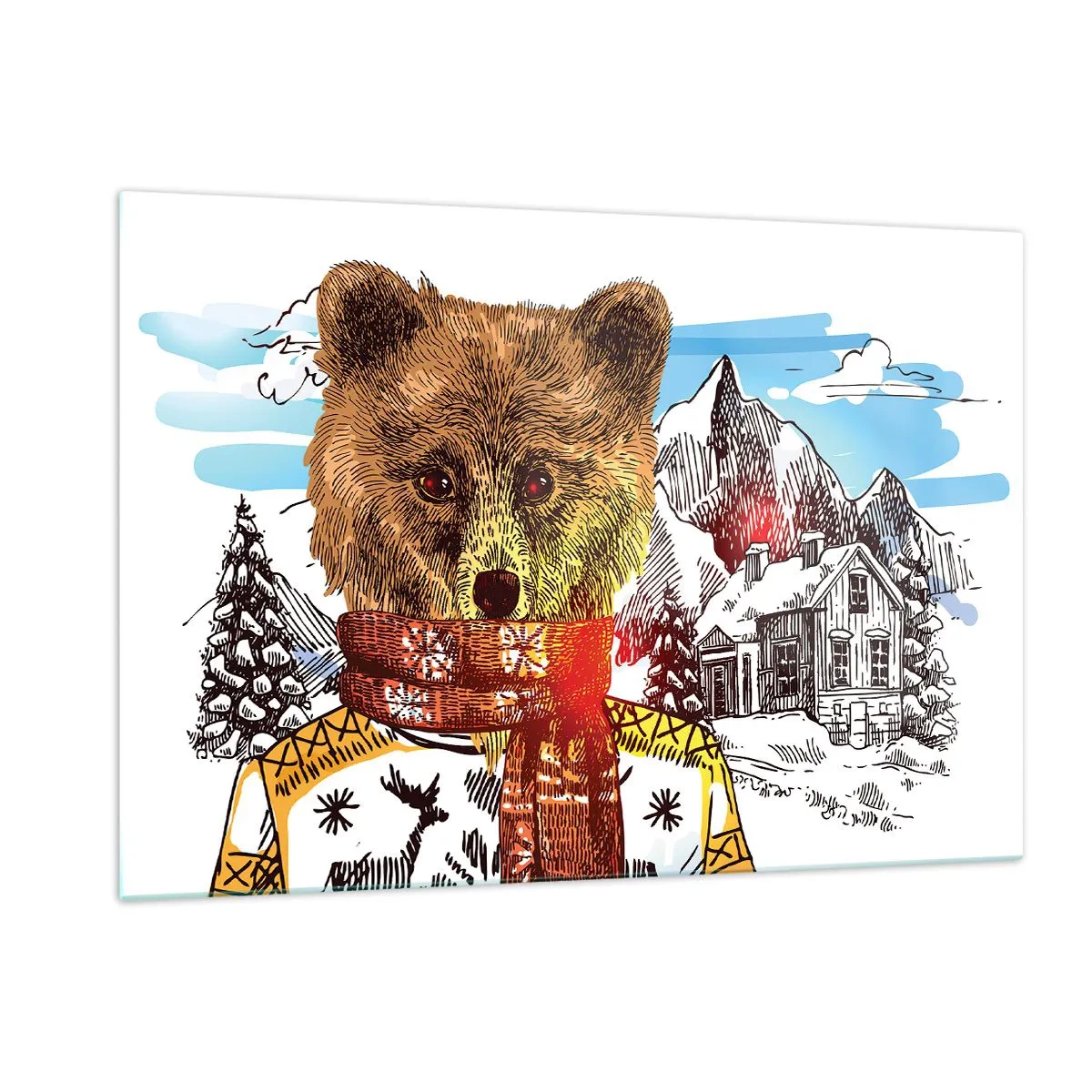 Obraz na szkle - Niedźwiedź w swetrze i szaliku na tle gór i domku - 120x80cm - Chatka niedźwiadka - Nowoczesna dekoracja ścienna do salonu, kuchni i sypialni ARTTOR