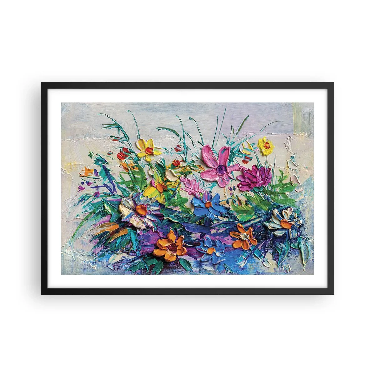 Plakat w czarnej ramie - Kolorowy bukiet kwiatów namalowany techniką impasto - 70x50cm - Wcale nie-martwa natura - Nowoczesna dekoracja ścienna do salonu i sypialni ARTTOR