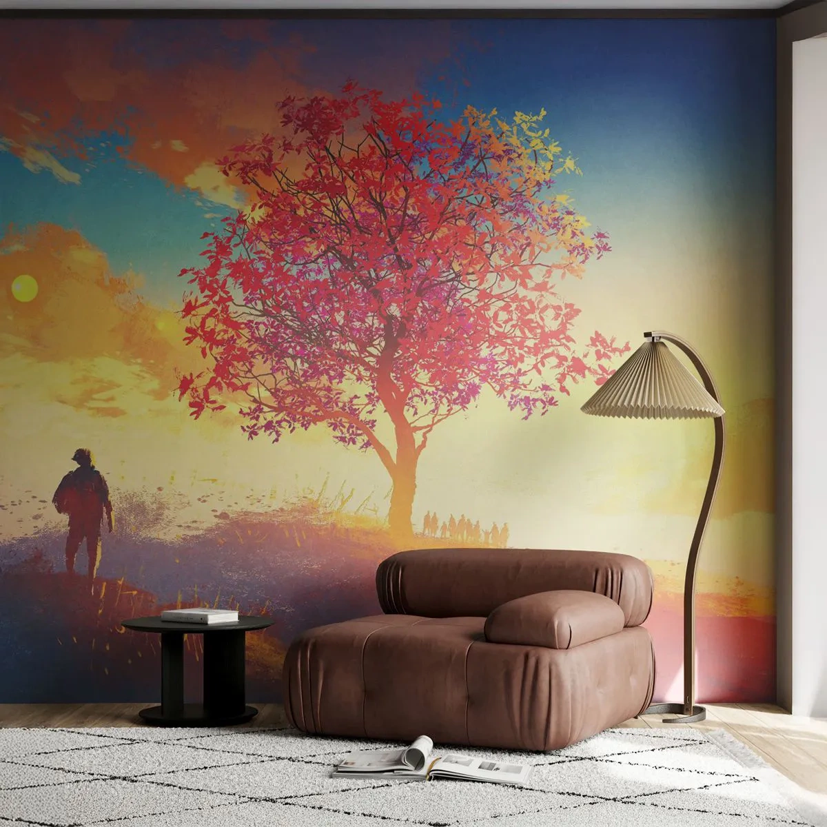 Fototapeta Premium Sand - Samotna postać wśród natury z kolorowym drzewem na tle słońca - 100x70cm - Pielgrzym u celu - Nowoczesna dekoracja ścienna do salonu, kuchni i sypialni ARTTOR