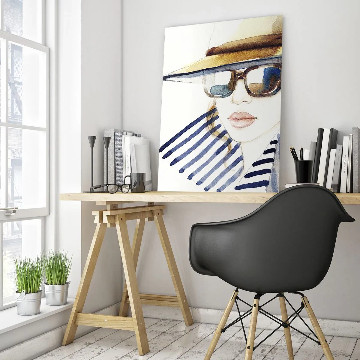 Obraz na szkle - Stylowa kobieta w kapeluszu i okularach w akwarelowym stylu - 50x70cm - Floryda wita! - Nowoczesna dekoracja ścienna do salonu, kuchni i sypialni ARTTOR
