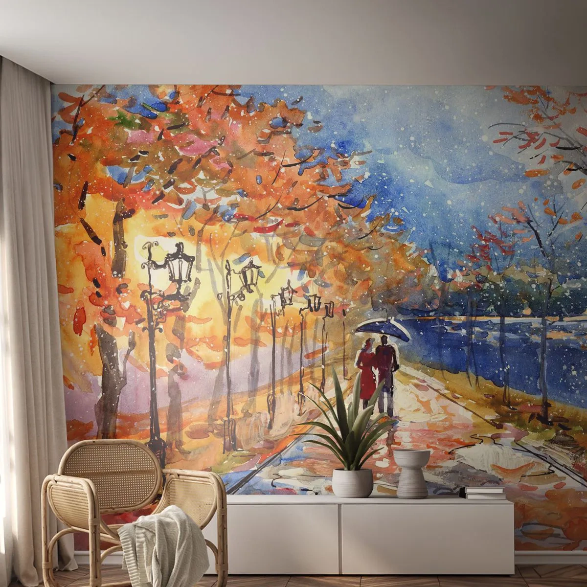 Fototapeta Premium Sand - Akwarelowa ilustracja jesiennego spaceru nad rzeką w deszczu - 100x70cm - Razem do granicy czasu - Nowoczesna dekoracja ścienna do salonu, kuchni i sypialni ARTTOR