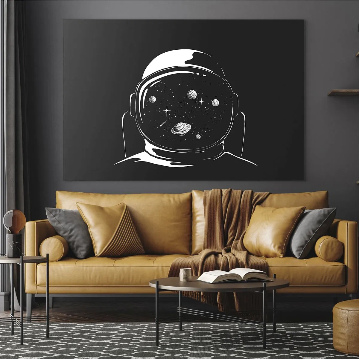 Obraz na szkle - Astronauta z gwiazdami i planetami w hełmie na czarnym tle - 120x80cm - Niezły widok - Nowoczesna dekoracja ścienna do salonu, kuchni i sypialni ARTTOR