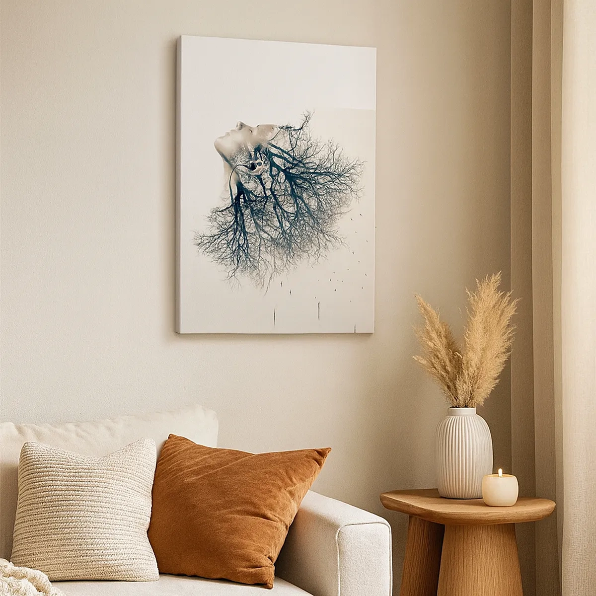 Obraz na płótnie - Twarz kobiety płynnie przechodząca w korzenie drzewa na jasnym tle - 50x70cm - Zasłuchana w szept drzewa - Nowoczesna dekoracja ścienna do salonu, kuchni i sypialni ARTTOR