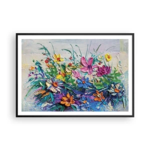 Plakat w czarnej ramie - Kolorowy bukiet kwiatów namalowany techniką impasto - 100x70cm - Wcale nie-martwa natura - Nowoczesna dekoracja ścienna do salonu i sypialni ARTTOR