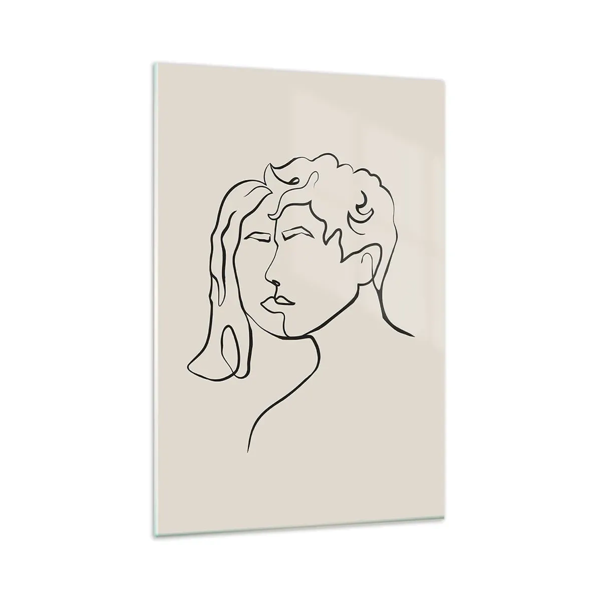 Obraz na szkle - Minimalistyczna ilustracja twarzy kobiety i mężczyzny w czerni na jasnym tle - 80x120cm - I stała się jedność - Nowoczesna dekoracja ścienna do salonu i sypialni ARTTOR