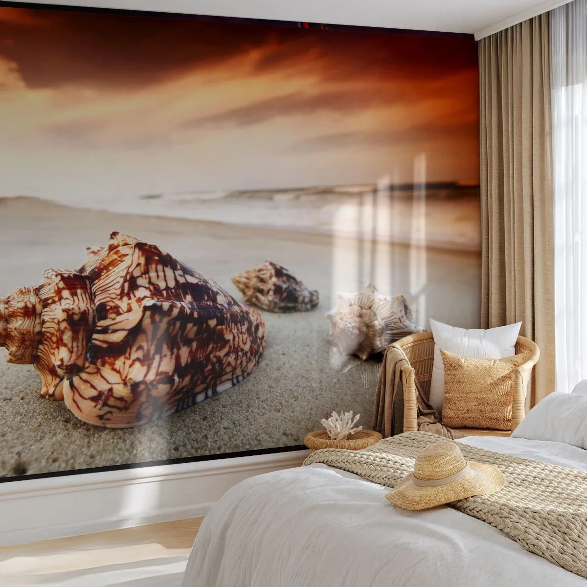 Fototapeta Premium Sand - Muszle na plaży o zachodzie słońca - 100x70cm - Wygnanki fal - Nowoczesna dekoracja ścienna do salonu, kuchni i sypialni ARTTOR