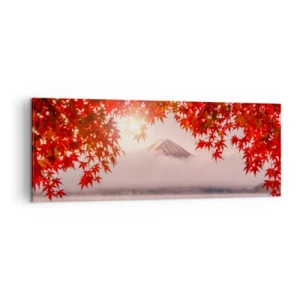Obraz na płótnie - Łódka na jeziorze otoczona czerwonymi liśćmi klonu - 140x50cm - W japońskim klimacie - Nowoczesna dekoracja ścienna do salonu i sypialni ARTTOR