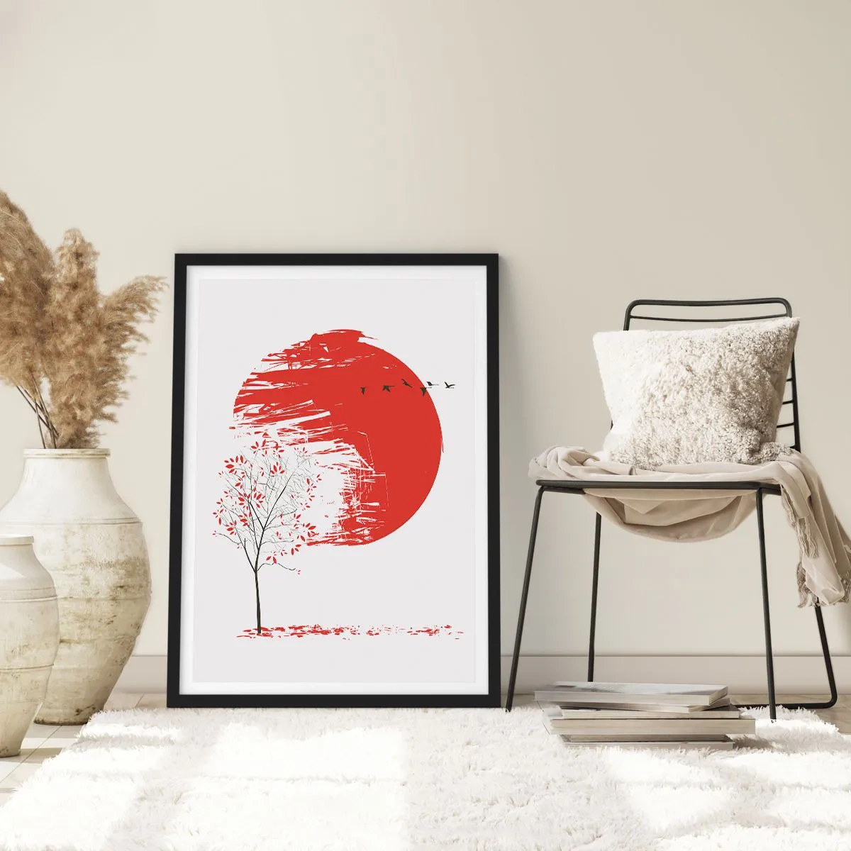 Plakat w czarnej ramie - Czerwony okrąg z drzewem i ptakami w minimalistycznym stylu - 50x70cm - Znasz li ten kraj? - Nowoczesna dekoracja ścienna do salonu i sypialni ARTTOR