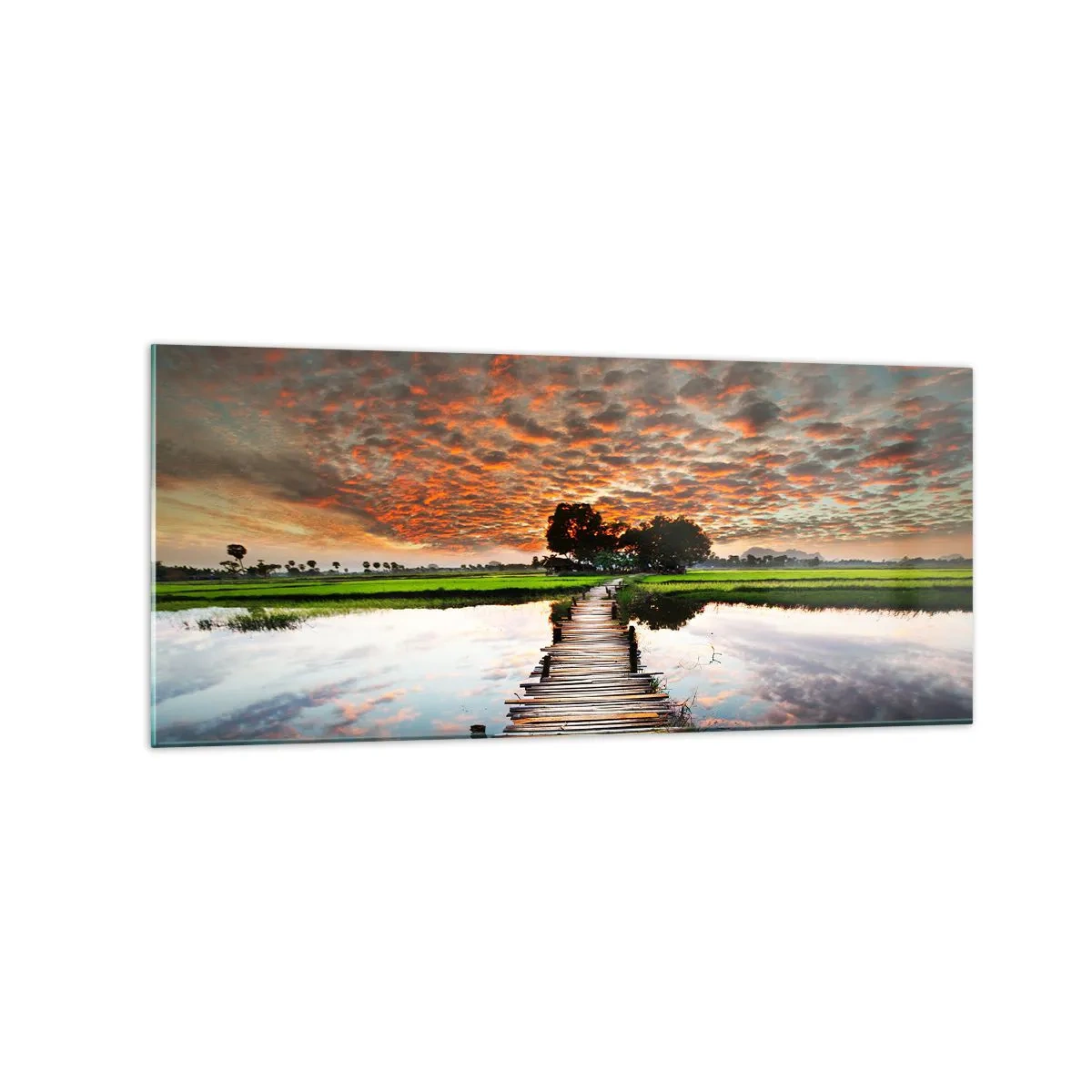 Obraz na szkle - Drewniany mostek nad wodą o zachodzie słońca - 120x50cm - Rozłóż ramiona - oddychaj  - Nowoczesna dekoracja ścienna do salonu i sypialni ARTTOR