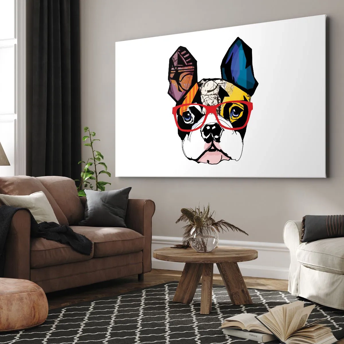 Obraz na płótnie - Bulldog w kolorowej ilustracji z czerwonymi okularami - 70x50cm - Intelektualista - Nowoczesna dekoracja ścienna do salonu i sypialni ARTTOR